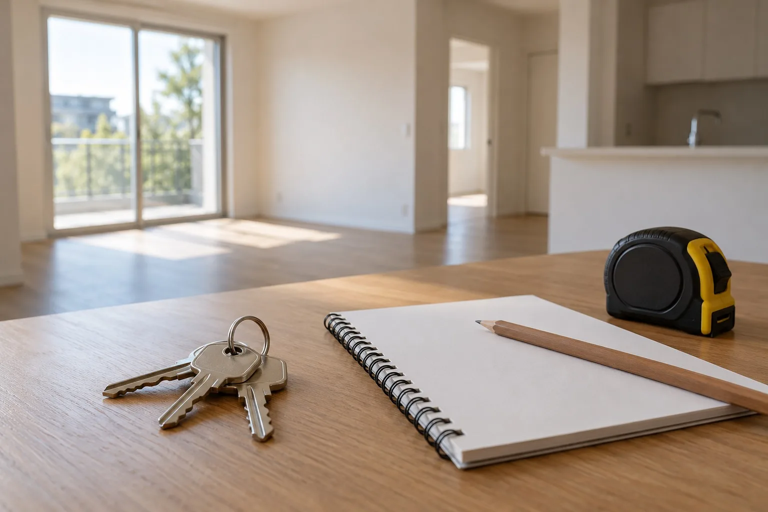 Schlüssel und Notizbuch zur Vorbereitung einer Immobilienbesichtigung